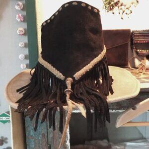 Vintage Leather Neckerchief with Fringe Adjustable Velcro Closure